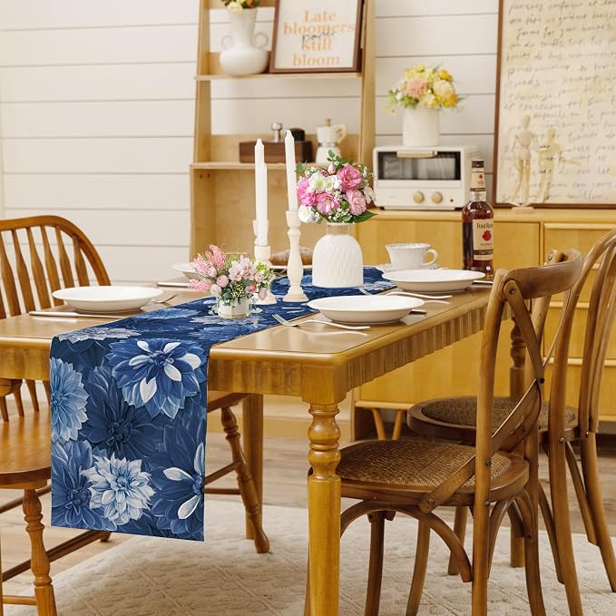 Navy Blue Dahlia Flower Summer Table Runner Blue Gray Burlap Table Runners - Image 2