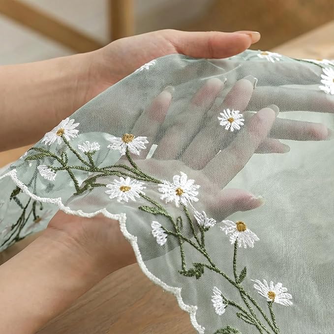Artoid Mode Daisy Floral Sage Green Shaped Gauze Embroidery Table Runner 120 - Image 5