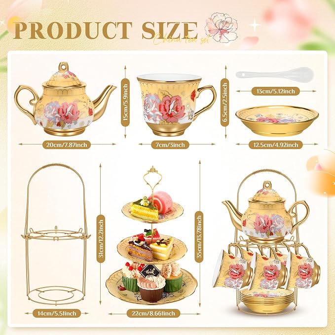 21 Pcs Ceramic Teapot Set Vintage Porcelain Tea Cups - Image 2