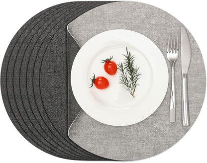 Myir JUN Reversible Vinyl Round Placemats Set of 8, Faux Leather Place Mats Dual Sided Waterproof Oilproof Wipeable, Heat-Resistant Table Mats for Kitchen Dining Indoor Outdoor (14", Light Gray Gray)