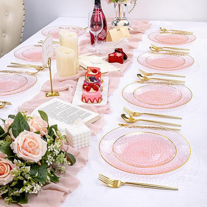 Rubtlamp 100 Pcs Pink Gold Dessert Plates hammered party plates, Pink Disposable Plates With Gold Rim, 7 Inch Dessert Platos Disposable, Plastic Appetizer Plates Perfect for Mother's Day