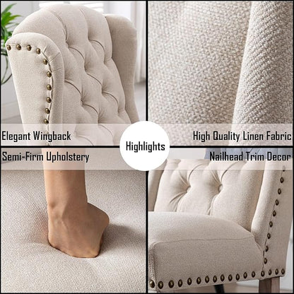 Linen Dining Chairs Set of 6, Farmhouse Dining Room Chairs with Tufted Wingback, Upholstered French Country Parsons Kitchen Chairs Side Accent Chair for Home/Restaurant, Cream