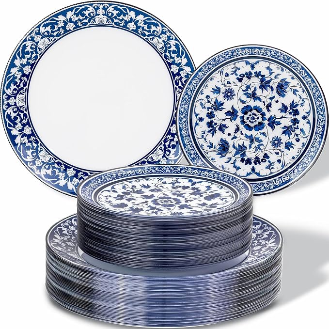 Blue Plastic Plates, Fancy Disposable Pates, 10.25" dinner & 7.5" dessert plates by Hioasis