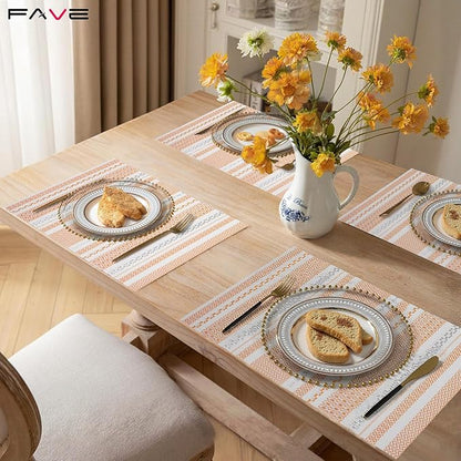 FAVE Boho Vinyl Placemats Set of 6, Durable Woven Place Mats Washable Heat Resistant PVC Table Mats for Parties,Weddings, Dining,Banquet(Orange, 6PCS)