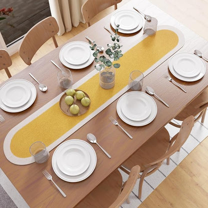 Encasa XO Dining Table Runner, Handmade Ribbed Cotton 12"x54" Yellow & Off White by EncasaXO