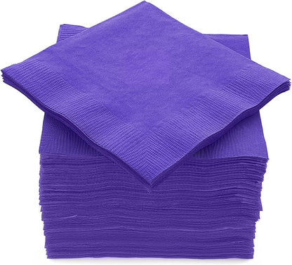 100 Pack Purple Beverage Napkins, Big Party Pack, 2 Ply, Ideal for Wedding, Party, Birthday, Dinner, Lunch, Cocktails. (5” x 5”) by Amcrate