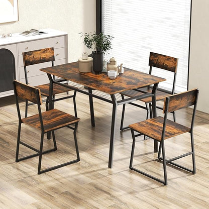 Giantex Dining Table Set for 4, 47”L x 28”W Rectangular Kitchen Table w/ 4 Trapezoid Chairs, Reinforced Metal Frame & Storage Rack, Industrial Space-Saving Dinette Set for Kitchen Dining Room (Brown)