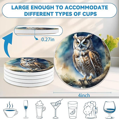 Drinks Coasters Set of 4, Owl Round 4" Cup Coasters, Absorbent Ceramic Stone Coasters with Cork Base, Cute Coasters for Table Home Décor, Ideal Gifts for Women Men