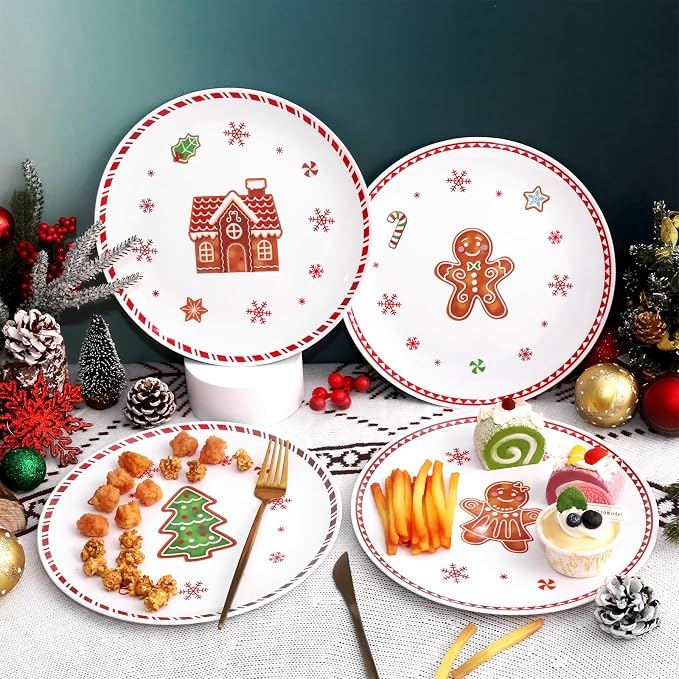 4 Set 10 Inch Christmas Dinner Plates Melamine Christmas Gingerbread Man - Image 4