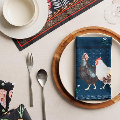 Maison d' Hermine Cloth Napkins Set of 4 100% Cotton Everyday Reusable Square Napkins Cloth Washable Dinner Party Wedding Restaurant Valentines Day Decorations Spring/Summer(Meadow Rooster, 18" x 18")