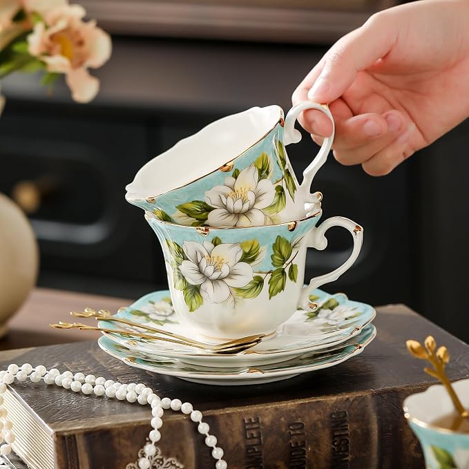 TATSUMI Country Roses Bone China Tea Cup and Saucer Set, 6 Pieces, Vintage Style - Image 5