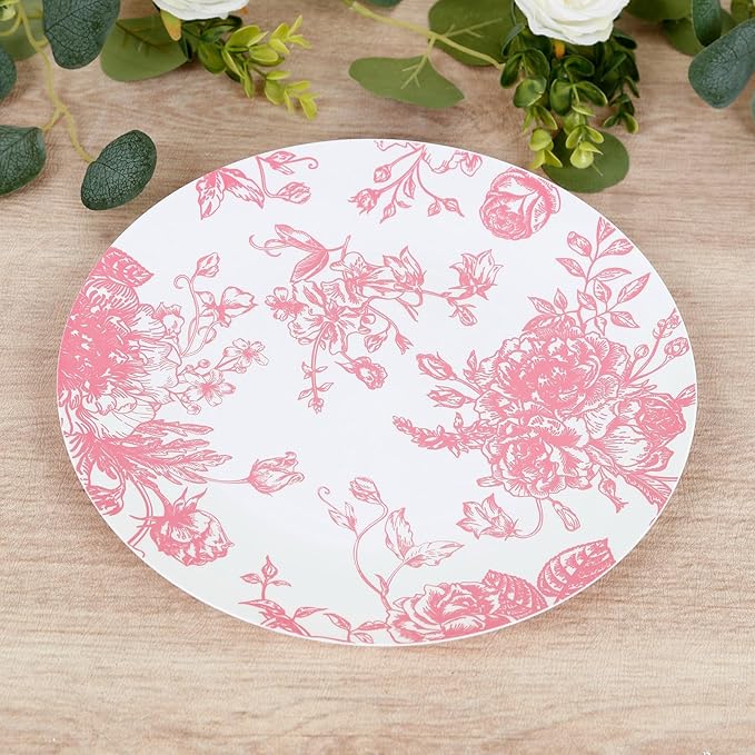 Efavormart 10-Pack French Toile Plastic Dinner Plates – Pink & White Floral by efavormart