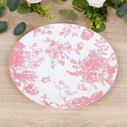 Efavormart 10-Pack French Toile Plastic Dinner Plates – Pink & White Floral by efavormart