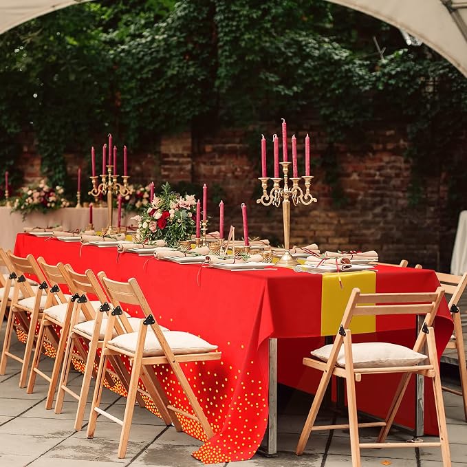 8Pack Disposable Plastic Party Tablecloths and Satin Table Runner Set Red and - Image 5