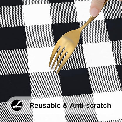 Smiry Rectangle Picnic Table Cloth, Elastic Waterproof Fitted Vinyl Tablecloths, Flannel Backed Buffalo Plaid Table Covers for Dining, Camping, Outdoor (Black and White, 30" x 72")