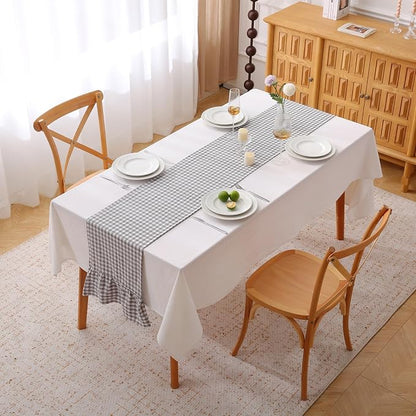 Grey White Plaid Gingham Ruffle Table Runner 90 inches Long 100% Washed Cotton - Image 2