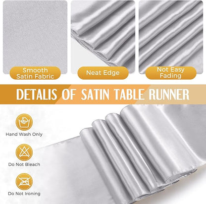 Breling 24 Packs Black and Silver Disposable Plastic Tablecloths and Satin Table Runner Set, 54 x 108 Inch Tablecloth, 12 x 108 Inch Table Runners for Wedding Graduation Birthday Baby Shower
