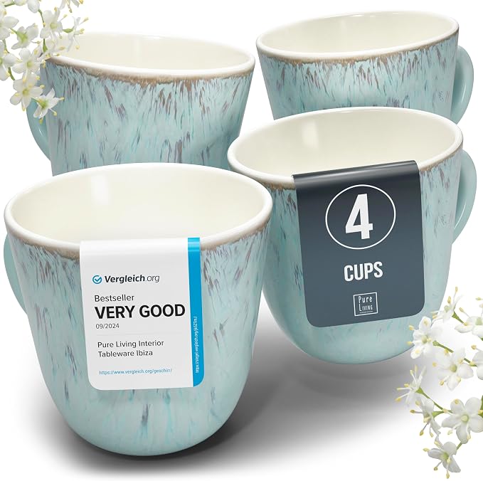 Stoneware Coffee Mug Set of 4, Stylish Modern Beige-Blue Cups, 14.5 Oz Ceramic by PURELIVING
