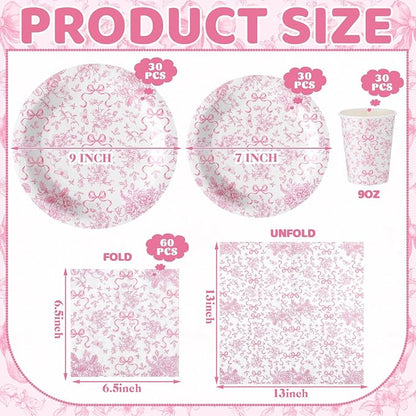 LemonRoad 150 Pcs Pink Bow Floral Disposable Plates and Napkins Bow Coquette - Image 2