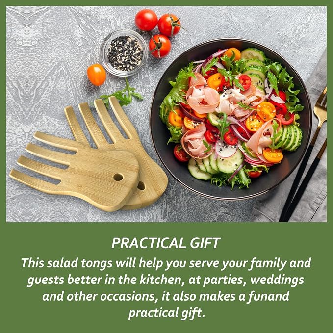 Bamboo Salad Servers, Cooking Utensil, Salad Spinner Tongs Set of 2 | Wooden - Image 3