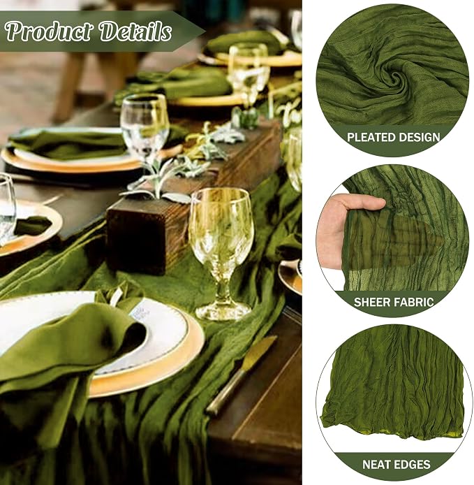 Olive Green 10FT Cheesecloth Table Runner Boho Gauze Fabric Table Runner Rustic - Image 2