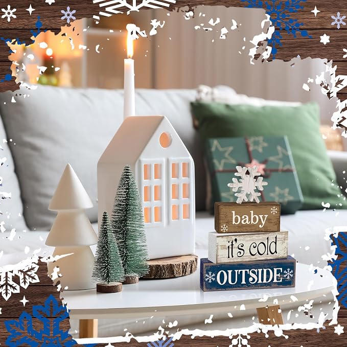 Moucuny 4 Pcs Christmas Table Decoration Winter Wooden Stacked Block, Baby It's - Image 3