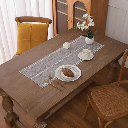 Gernaice Boho Table Runner, Rustic Embroidered Cotton Linen Farmhouse Table by Gernaice