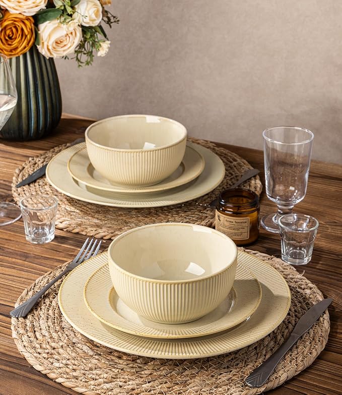 Ceramic Dinnerware Set for 4, 12-Piece Plates and Bowls Set | Lightweight - Image 6