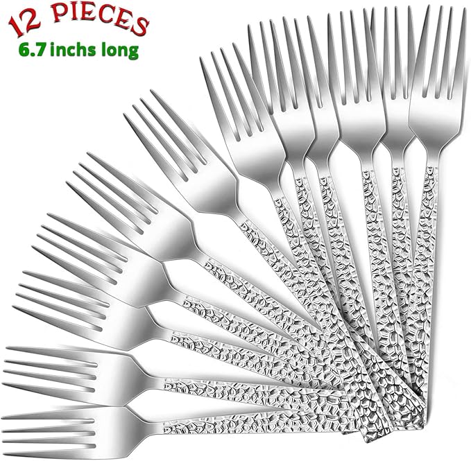 E-far Salad Forks Set of 12, E-far 6.7 Inch Stainless Steel Hammered Dessert - Image 2