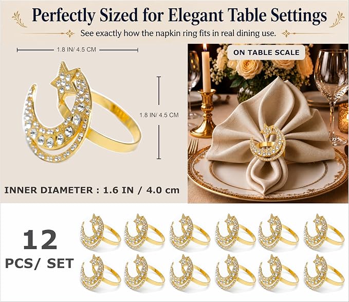 Gold Napkin Rings Set of 12 – Moon & Star Design – Elegant Napkin Ring Holders - Image 2