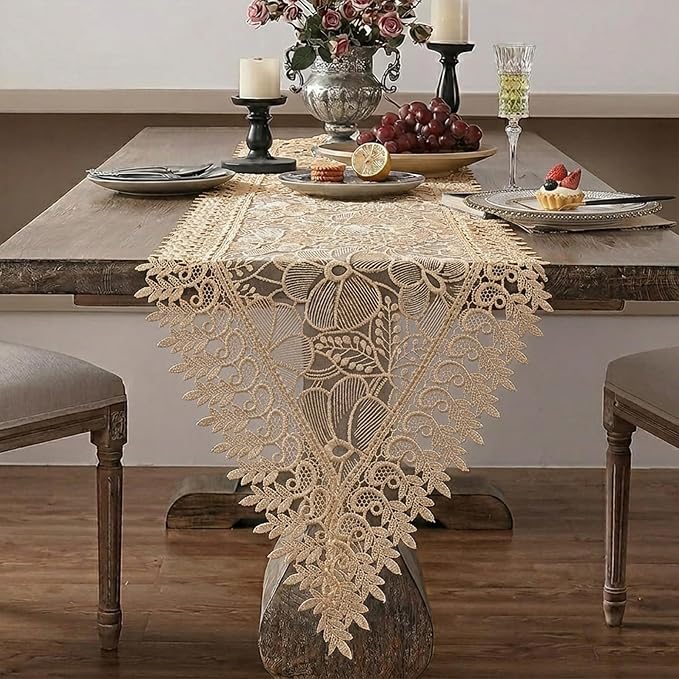 SIOLOC Champagne Lace Table Runner 14x48, Embroidered Floral Cutwork | Elegant - Image 6