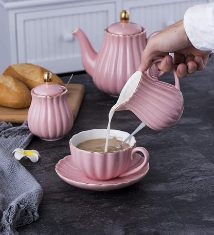 Jusalpha Fine China Pink Coffee Cup/Teacup Set, 7 OZ Cups& Saucer Service - Image 7