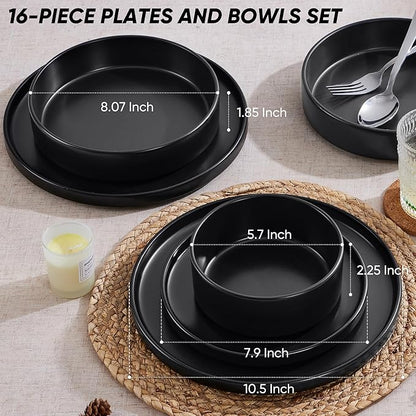 E-far 16-Piece Black Plates and Bowls Sets - Stoneware Dinnerware Sets with Pasta Bowls for 4 | Matte Black Kitchen Modern Dish Set, Microwave & Dishwasher Safe
