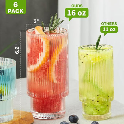 Qipecedm® 6 Pack Ribbed Drinking Glasses, 16 oz Vintage Glass Cups, Highball - Image 3