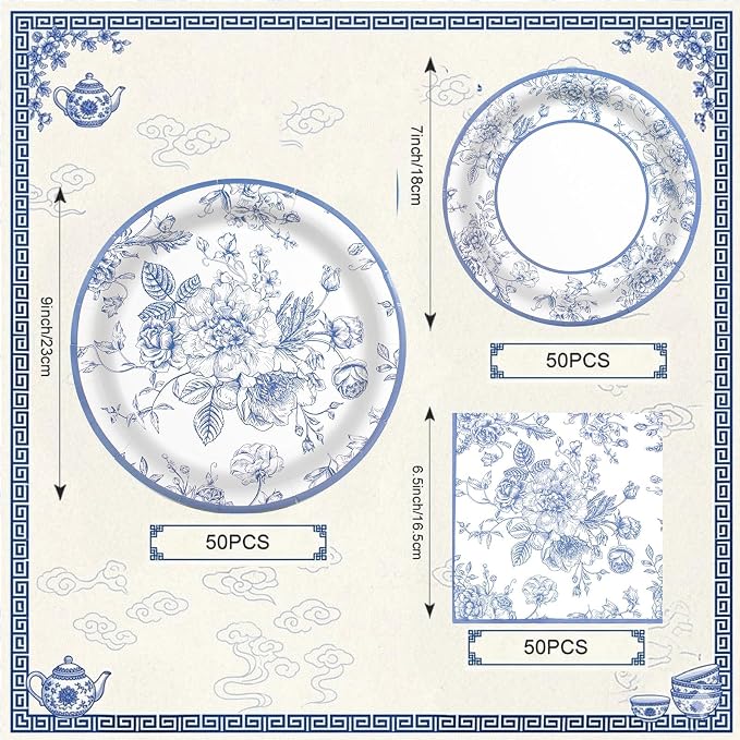 150PCS Blue and White Floral Party Supplies - Image 3