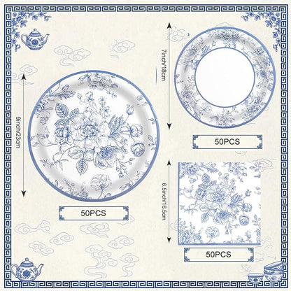 150PCS Blue and White Floral Party Supplies - Image 3
