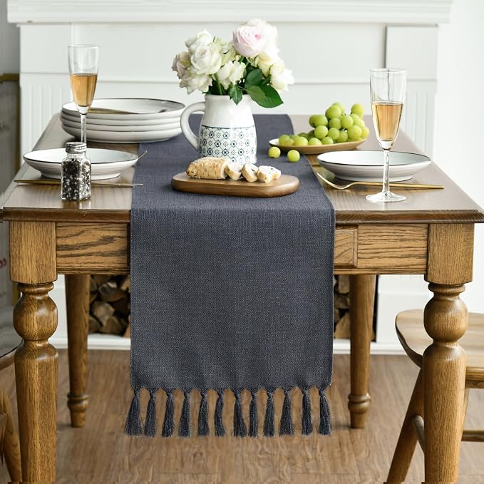 Artoid Mode Graphite Grey Tassel Table Runner, Linen Blend Rustic Farmhouse - Image 3