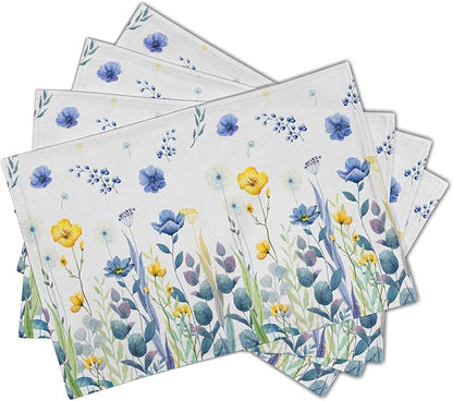 Watercolor Floral Placemats Set of 4 Blue Yellow Poppy Flowers Washable Non-Slip Heat Resistant 12×18 Inch Spring Summer Seasonal Linen Fabric Table Mats for Kitchen Dining Table