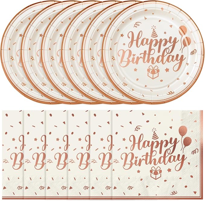 NatNarr 50 Pcs Happy Birthday Plates and Napkins Set, 7 Inch Pin Rose Gold by NatNarr