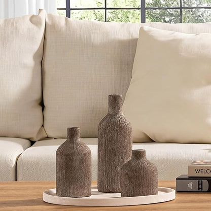 Ceramic Vase Home Table Decor - Brown Flower Vase Set of 3 Living Room Kitchen Decorations Farmhouse Modern Rustic Vases Decorative Centerpiece for Shelf Bedroom Office Bathroom Dining Coffee Desk