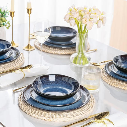LeRatio Ceramic Dinnerware Sets for 4,Wavy Reactive Glaze Stoneware Plates and Bowls Sets,Highly Scratch Resistant | Dishwasher & Microwave,Oven Safe Dishes Set(12PCS)