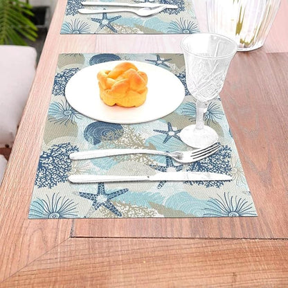 Placemats Set of 6 Aqua Blue Nautical Place Mats Coastal Beach Theme Coral Starfish Woven Table Mats Washable Blue Coral PVC Placemat for Dining Kitchen Decor Indoor Outdoor, 12 x 18 Inch