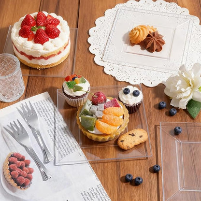 supernal 200pcs Clear Dessert Plates with Silver Dessert Fork, Clear Square Plates, Appetizer Plates,Silver Plastic Silverware, Perfect Choice for Wedding and Party