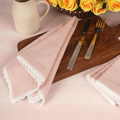 FINGERCRAFT Dinner Cloth Napkin Cotton Linen Blend 4 Pack Mitered Corners with Elegant Lace for Everyday Use Napkins are Pre Shrunk and Good Absorbency Pink
