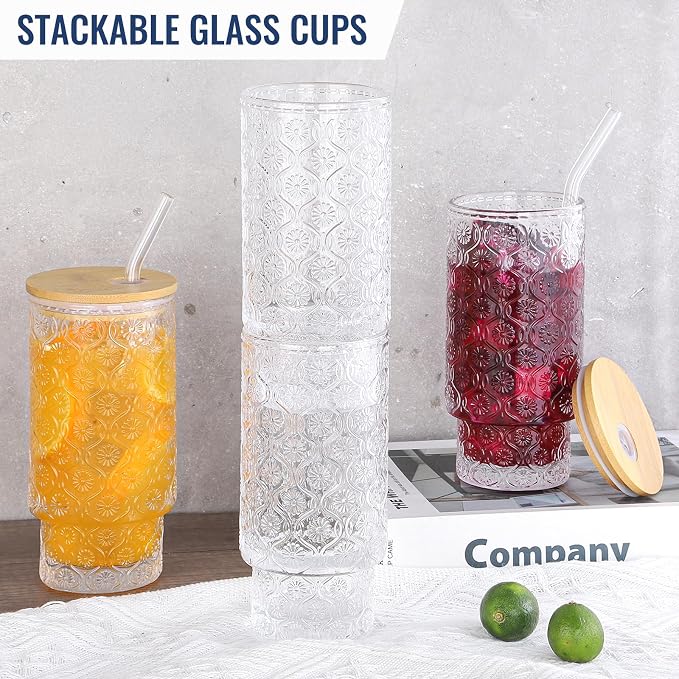 16 Oz Glass Cups Set of 2, Vintage Embossed Floral Glass Tumbler, Iced Coffee - Image 5