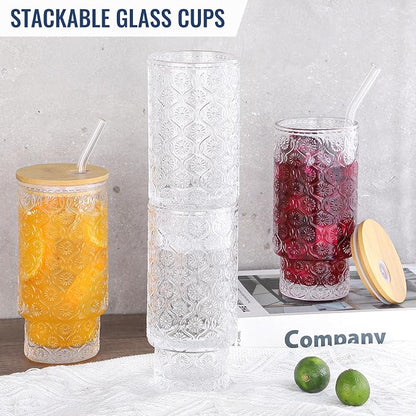 16 Oz Glass Cups with Lid and Straw, Vintage Embossed Floral Glass Tumbler - Image 5