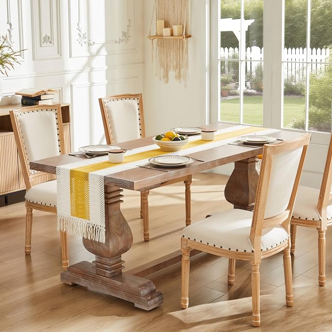 Macrame Style Bicolor Stitching Table Runner 14x36in Mustard | Woven Boho Table - Image 2