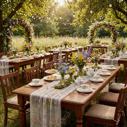 Ivory White Floral Table Runner 10ft Embroidery Tulle Spring Wildflower Table - Image 7