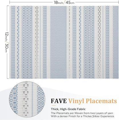 FAVE Blue Boho Vinyl Placemats Set of 6, Durable Woven Place Mats Washable Heat Resistant PVC Table Mats for Parties,Weddings, Dining,Banquet(Blue, 6PCS)