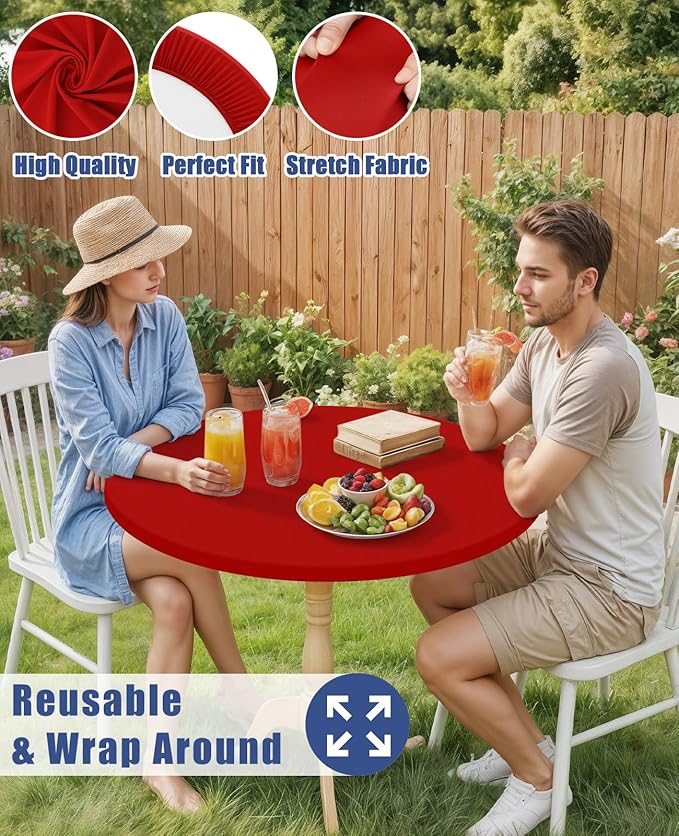 Round Spandex Christmas Tablecloth 2 Pack, Elastic Fitted Waterproof Tablecloths for 36"-44" Tables, Stretch Washable Picnic Table Cover for Camping, Dining, Indoor and Outdoor, Red